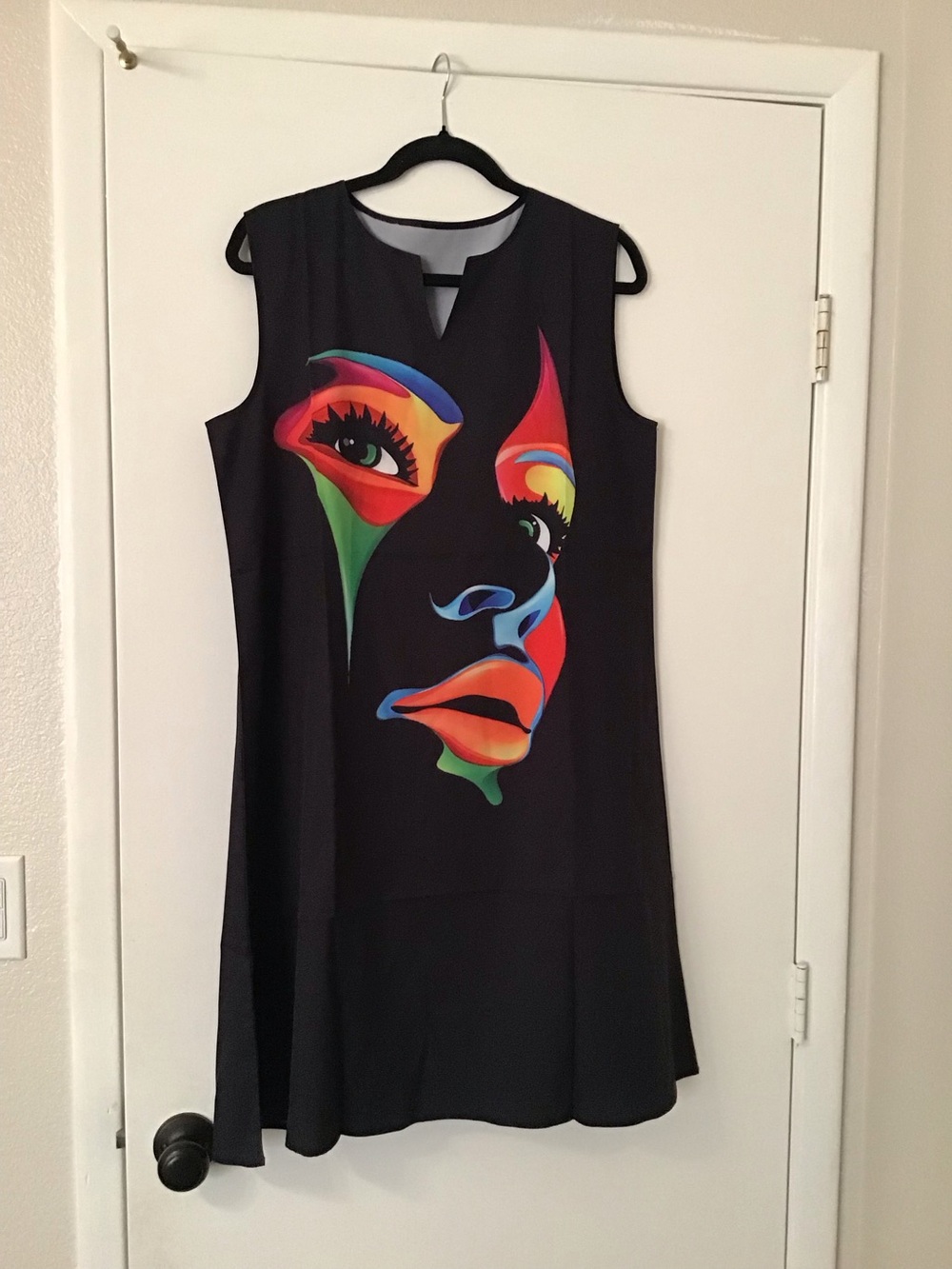 Black Sleeveless Dress with Multicolor Artistic Face Print